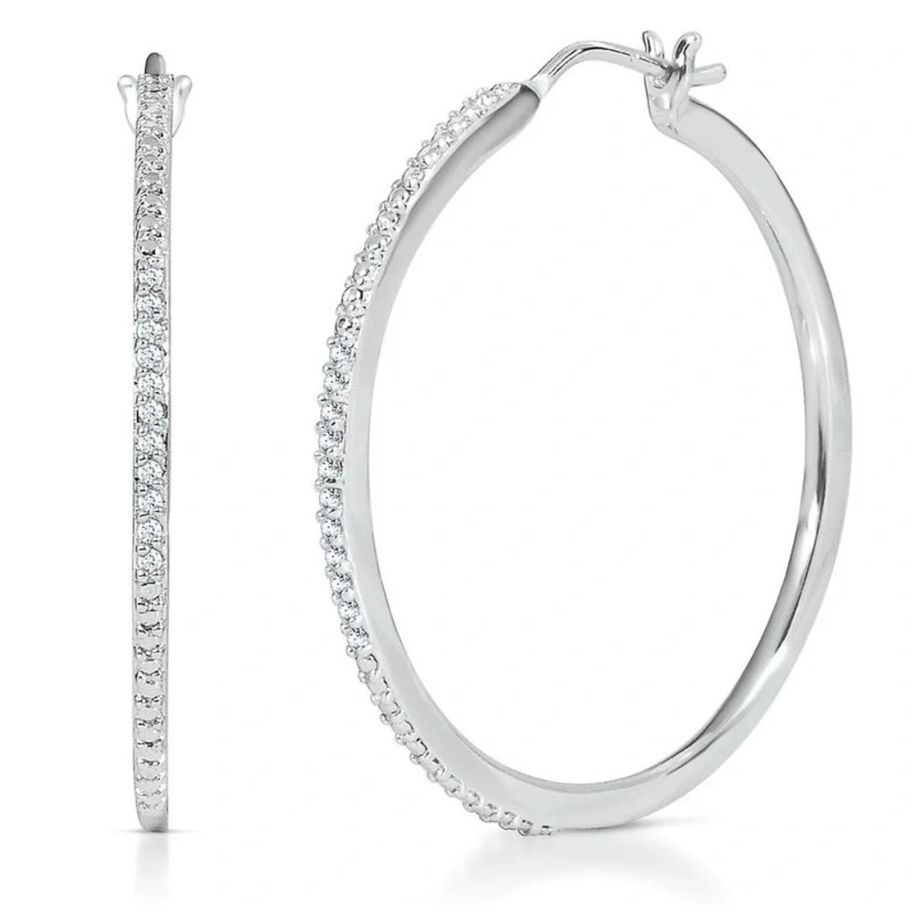 14k White Gold Plated Cubic Zirconia 30mm Hoop Earrings - Picture 6 of 7